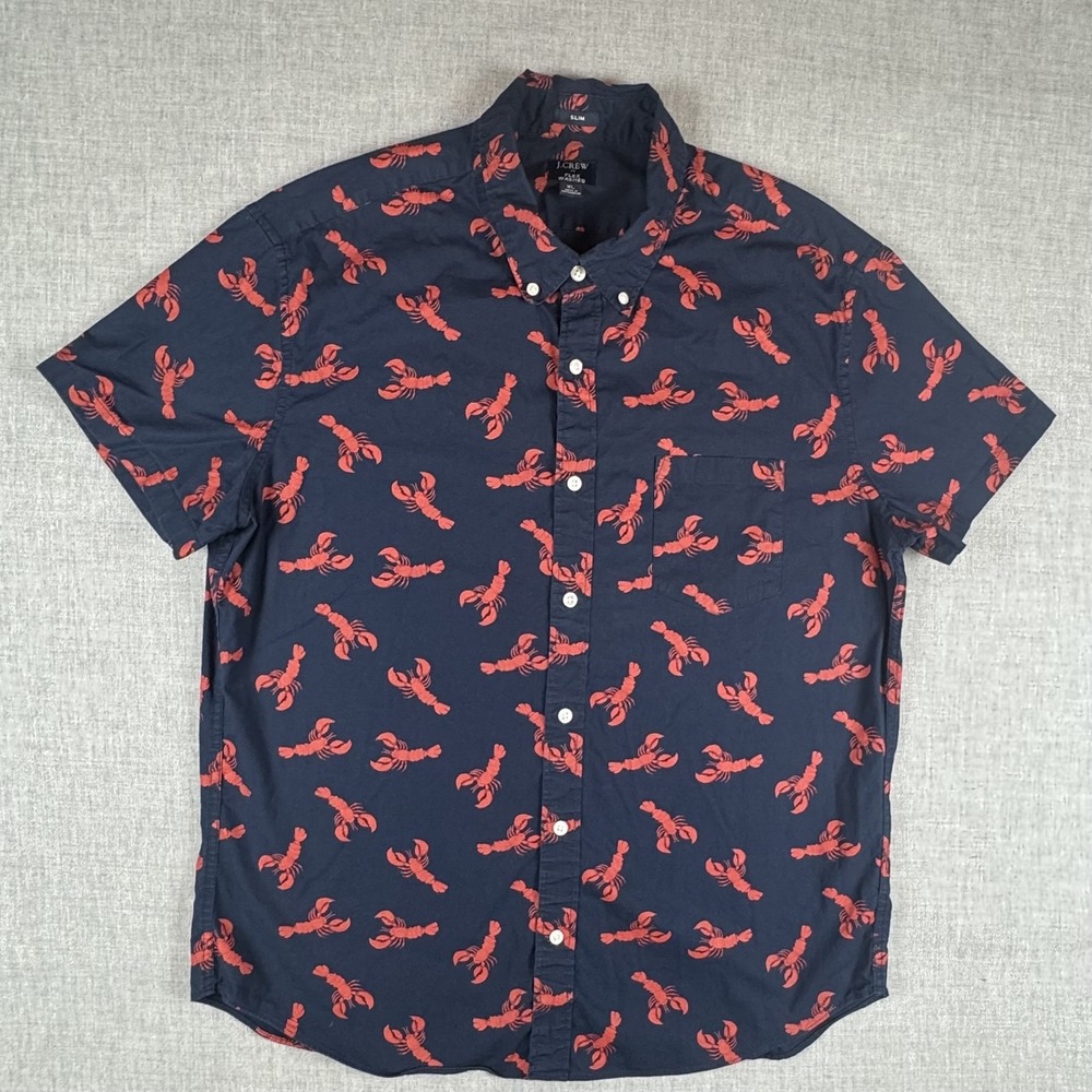 J Crew Shirt Mens XL Blue Lobster Print Short Sleeve Button Up Slim Flex Stretch